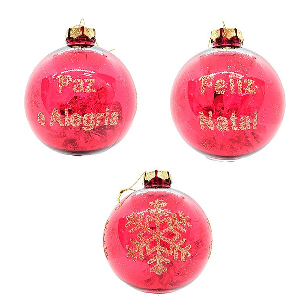 Bola de Natal Glitter - Vermelha - Frases - 10cm - 3 unidades - Rizzo