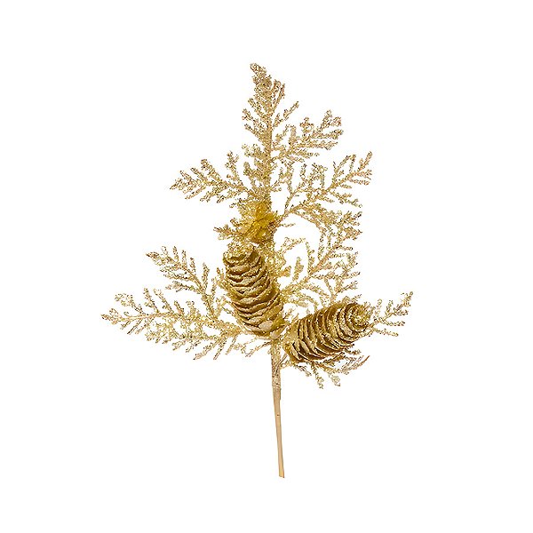 Galho com Folhas e Pinhas - Ouro - 25cm - 1 unidade - Cromus - Rizzo