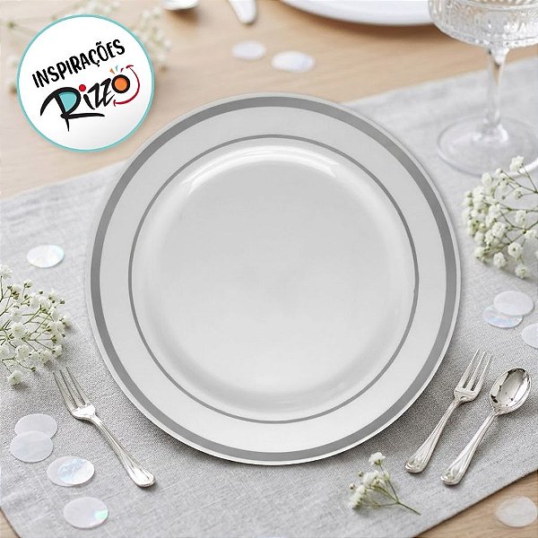 Prato Descartável Raso Redondo Premium Listras Prata - 19cm - 6 unidades - Rizzo