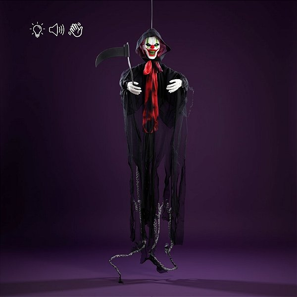Enfeite Decorativo de Halloween Som, Luz e Movimento - Caveira Ceifador Palhaço - 135cm - 1 unidade - Cromus - Rizzo