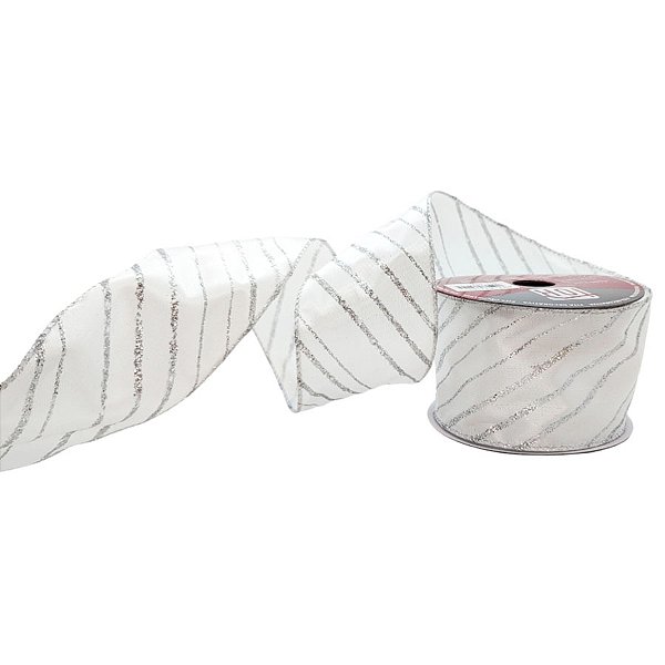 Fita Decorativa - Branca com Listras Prata - 6,3x914cm - 1 unidade - Rizzo