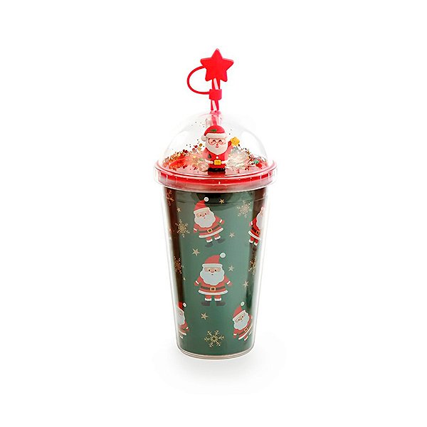 Copo com Tampa e Canudo Papai Noel 450ml - Verde - 1 unidade - Cromus - Rizzo