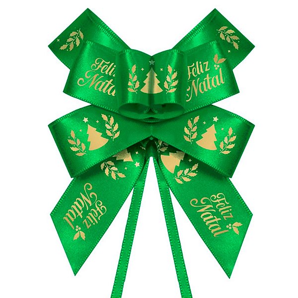 Laço Fácil de Fita de Cetim Decorada - Verde com Frase Feliz Natal - 22mm - 5 unidades - Progresso - Rizzo