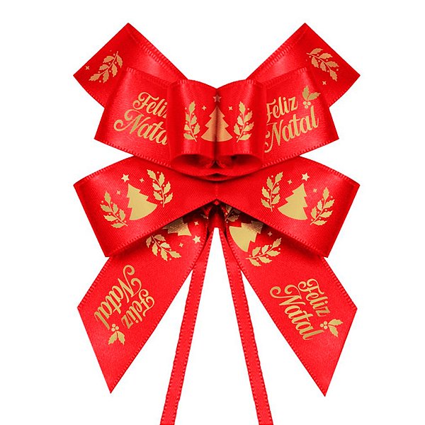 Laço Fácil de Fita de Cetim Decorada - Vermelha com Frase Feliz Natal - 22mm - 5 unidades - Progresso - Rizzo