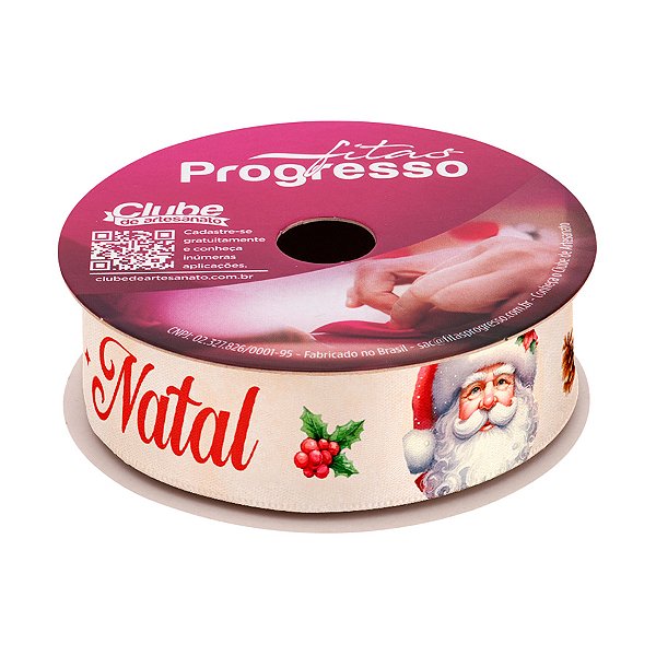 Fita de Cetim 10m x 22mm - Cor 187 - Frase Feliz Natal com Papai Noel - Rolo 10 metros - 1 unidade - Progresso - Rizzo