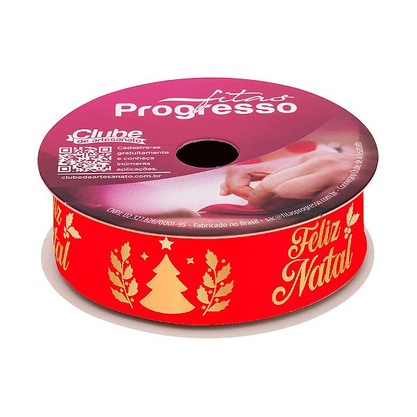 Fita de Cetim 10m x 22mm - Cor 1001 - Vermelha com Frase Feliz Natal - Rolo 10 metros - 1 unidade - Progresso - Rizzo