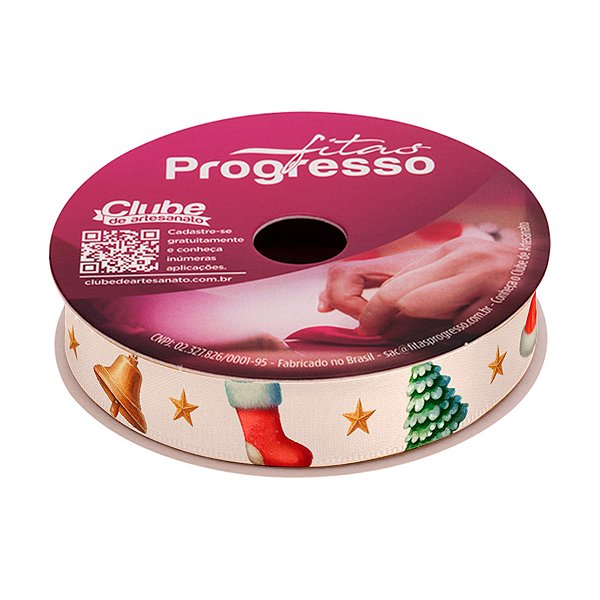 Fita de Cetim 10m x 15mm - Cor 076 - Elementos Natalinos - Rolo 10 metros - 1 unidade - Progresso - Rizzo