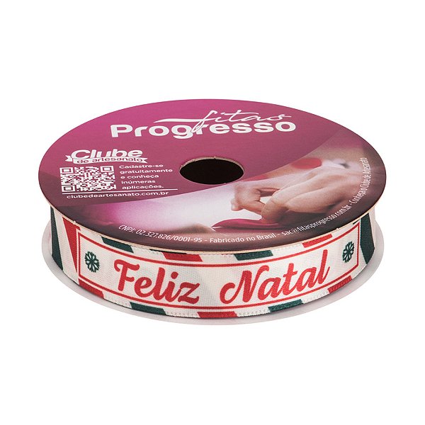 Fita de Cetim 10m x 15mm - Cor 062 - Frase de Feliz Natal Cartão Postal - Rolo 10 metros - 1 unidade - Progresso - Rizzo