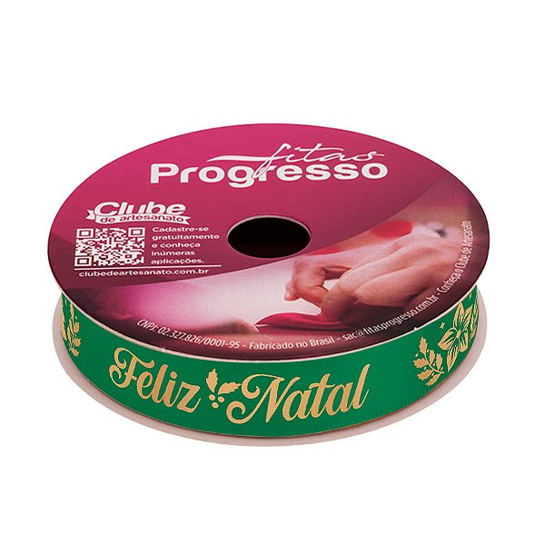 Fita de Cetim 10m x 15mm - Cor 491 - Verde com Frase Feliz Natal - Rolo 10 metros - 1 unidade - Progresso - Rizzo