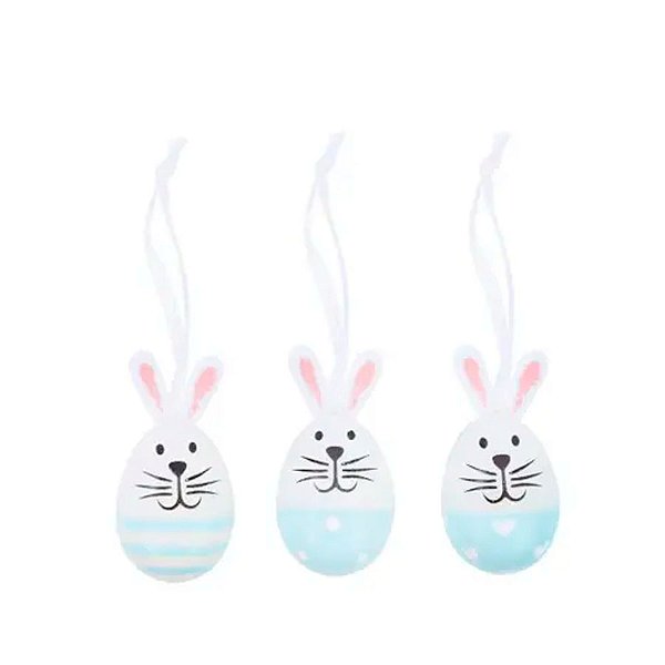 Ovo de Páscoa Decorativo para Pendurar - Coelhinhos Azul e Branco - 8x4cm - 9 unidades - Cromus - Rizzo