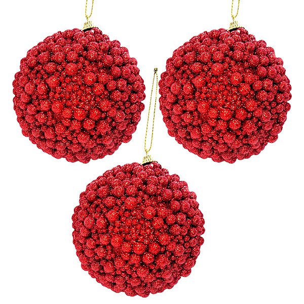 Bola de Natal Decorada - Glitter Vermelho - 10cm - 3 unidades - Rizzo