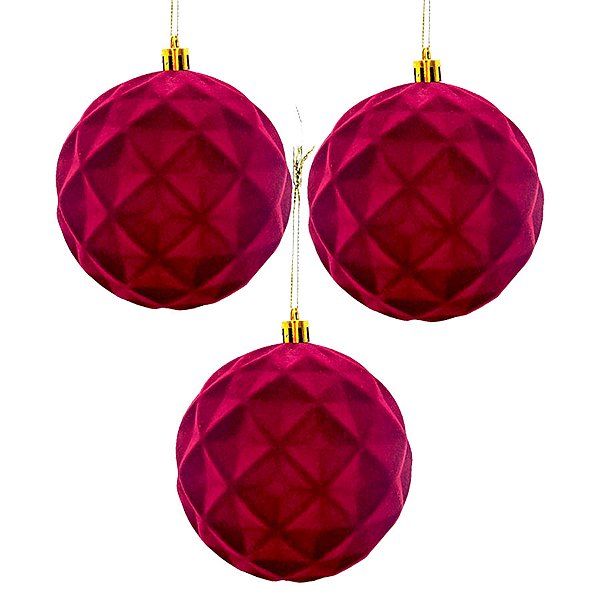 Bola de Natal Decorada - Camurça Vermelho - 10cm - 3 unidades - Rizzo