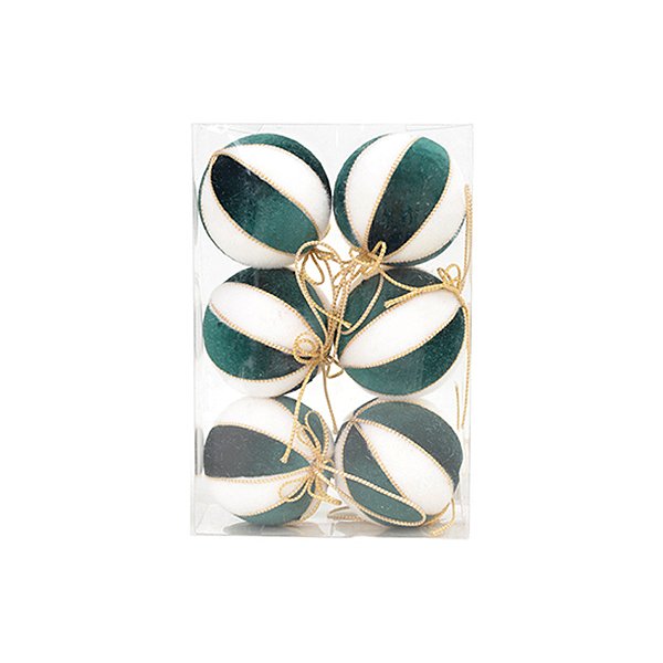 Bola de Natal de Veludo - Branco e Verde - 8cm  - 6 unidades - Cromus - Rizzo