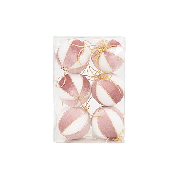 Bola de Natal de Veludo - Branco e Rose - 8cm  - 6 unidades - Cromus - Rizzo