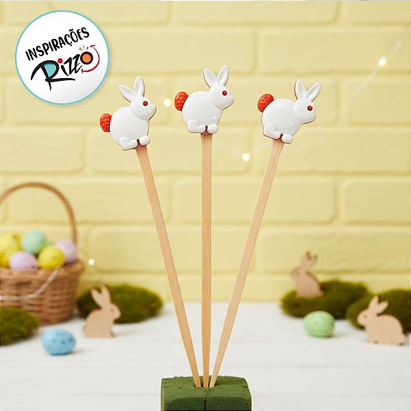 Pick Decorativo - Coelho Branco e Laranja - 10cm - 10 unidades - Rizzo