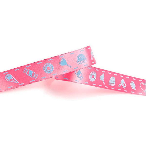 Fita de Cetim 22mm - 10m Cor 192 - Rosa com Doces Azul - 1 unidade - Progresso - Rizzo