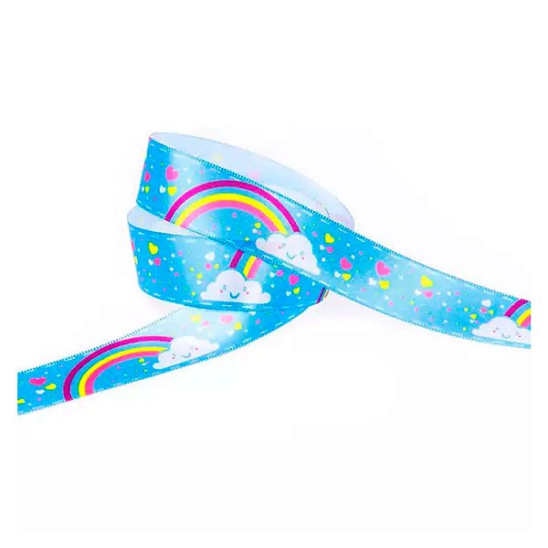 Fita de Cetim 22mm - 10m Cor 037 - Azul e Arco Iris - 1 unidade - Progresso - Rizzo