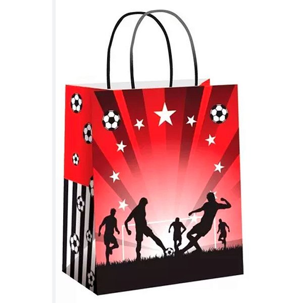 Sacola de Papel PP - 18x22x9cm - Futebol Preto e Vermelho - 10 unidades - Rizzo