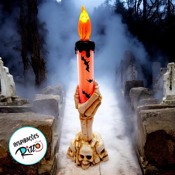 Castiçal de Halloween com Vela Led - Laranja - 18x6cm - 1 unidade - Rizzo - Rizzo