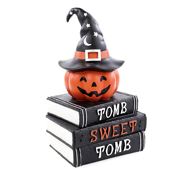 Enfeite de Halloween de Resina - Abóbora com Livros - 11x14x23cm - 1 unidade - Cromus - Rizzo