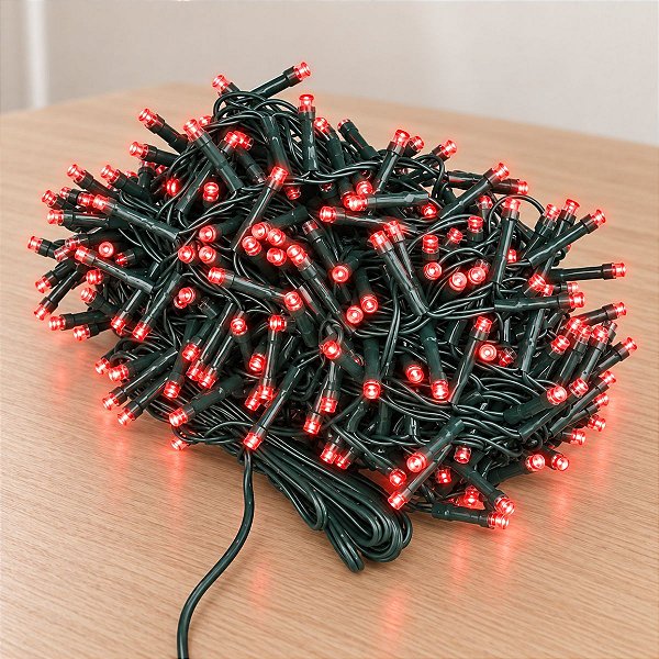 Cordão de LED Pisca Pisca Luz Vermelha com Fio Verde 1000 Leds de 8 Funções - 10m Bivolt - 1 unidade - Cromus - Rizzo