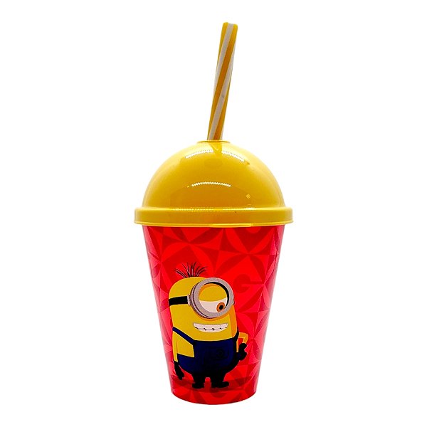 Copo com Tampa e Canudo - Minions Comendo Doce e Sorrindo - 280ml - 1 unidade - Plasútil - Rizzo