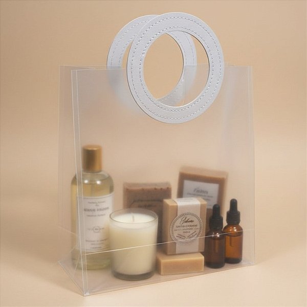 Sacola Transparente Fosca PVC com Alça Redonda de Couro Branco - 27x23x11cm - 10 unidades - Rizzo
