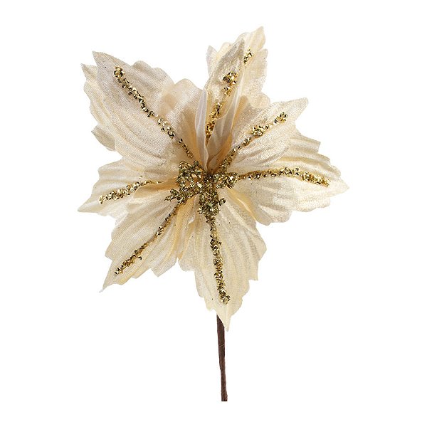 Poinsétia Decorativa - Branco com Glitter Dourado - 26cm - 1 unidade - Cromus - Rizzo