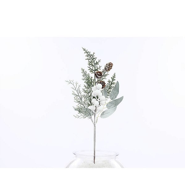 Galho Decorativo - Nevado com Frutinhas Brancas e Mini Pinhas - 40cm - 1 unidade - Cromus - Rizzo
