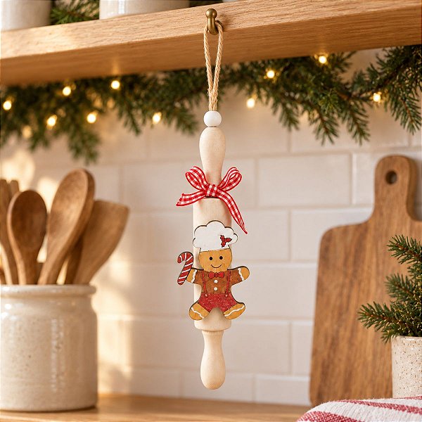 Enfeite de Pendurar de Natal - Rolo de Massa com Gingerbread - 18x4cm - 1 unidade - Cromus - Rizzo