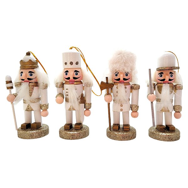 Kit Boneco Soldado Quebra Nozes de Madeira - 9,5cm - Branco e Dourado - 4 unidades