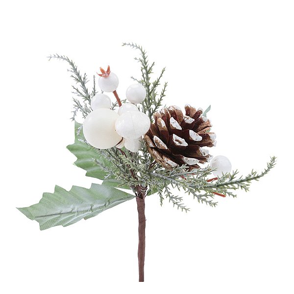 Pick Decorativo de Natal - Galho com Folhas, Pinha e Frutas Brancas - 22cm - 1 unidade - Cromus - Rizzo