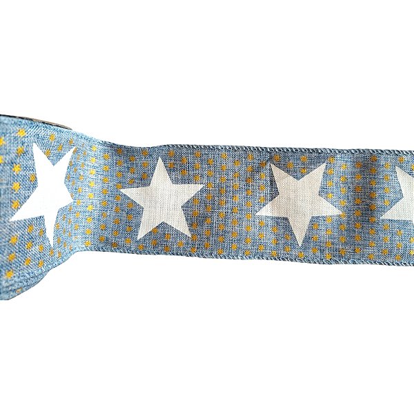 Fita Decorativa Aramada Jeans com Estrela Branca - 6,3cm x 91,4m - 1 unidade - Rizzo