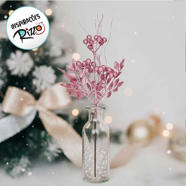 Galho Decorativo - Folhas, Frutas com Glitter Rosa - 52cm - 1 unidade - Cromus - Rizzo
