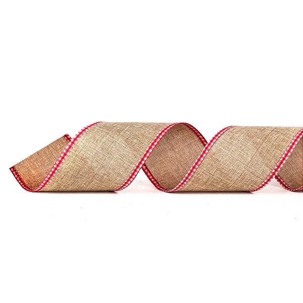 Fita Decorativa Aramada - Bege Escuro com Bordas Xadrez - 6,3cm x 9,14m - 1 unidade - Cromus - Rizzo