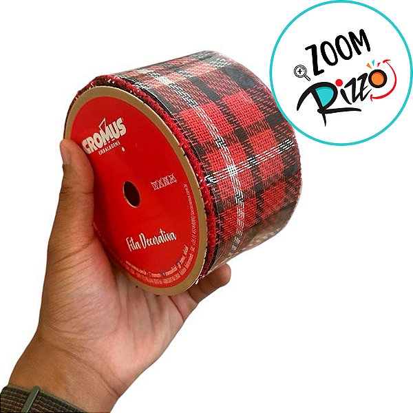 Fita Decorativa Aramada - Xadrez Vermelho, Preto, Branco - 6,3cm x 9,14m - 1 unidade - Cromus - Rizzo