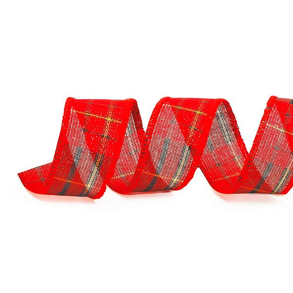 Fita Decorativa Aramada - Xadrez Vermelho, Preto, Ouro - 6,3cm x 9,14m - 1 unidade - Cromus - Rizzo