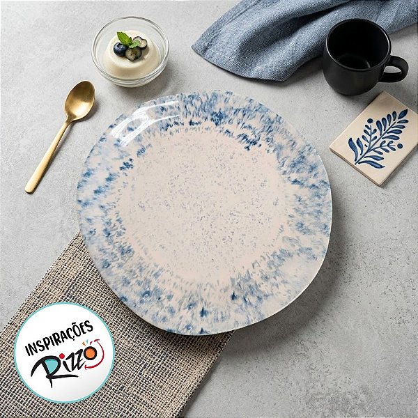Prato Cerâmica Premium Sobremesa - Bege e Azul 20,5cm - 1 unidade - Rizzo
