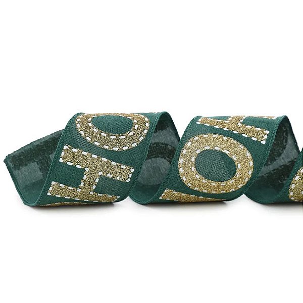 Fita Decorativa Aramada - Hohoho Verde e Ouro - 6,3cm x 9,14m - 1 unidade - Cromus - Rizzo
