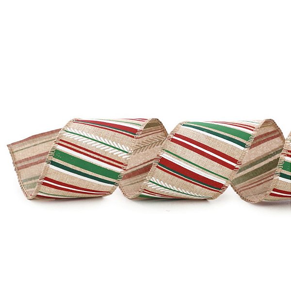 Fita Decorativa Aramada - Listras Vermelho, Branco e Verde - 6,3cm x 9,14m - 1 unidade - Cromus - Rizzo