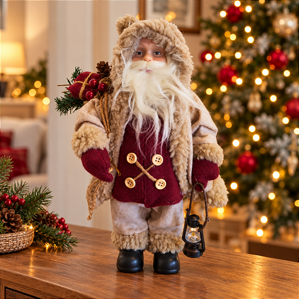 Papai Noel Decorativo Em Pé Com Presente - Bege e Vinho - 30cm - 1 unidade - Rizzo