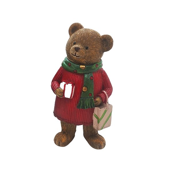 Enfeite De Natal Em Resina - Urso Com Presente Branco - 15 cm - 1 unidade - Cromus - Rizzo