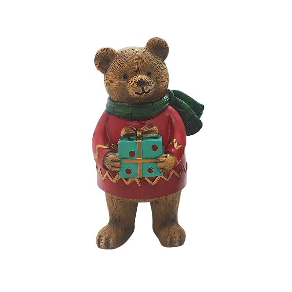 Enfeite De Natal Em Resina - Urso Com Presente Verde - 15 cm - 1 unidade - Cromus - Rizzo