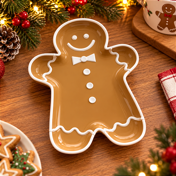 Bandeja Decorativa - Biscoito Gingerbread - Ocre e Branco - 20x15cm - 1 unidade - Só Boleiras - Rizzo