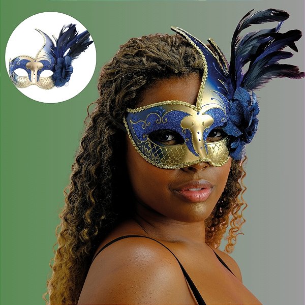 Máscara De Carnaval Florenca - Azul e Dourado - 1 unidade - Cromus - Rizzo