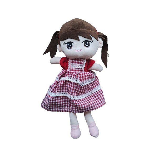 Boneca De Pelúcia Com Vestido Xadrez - Vermelho - 37cm - 1 unidade - Rizzo