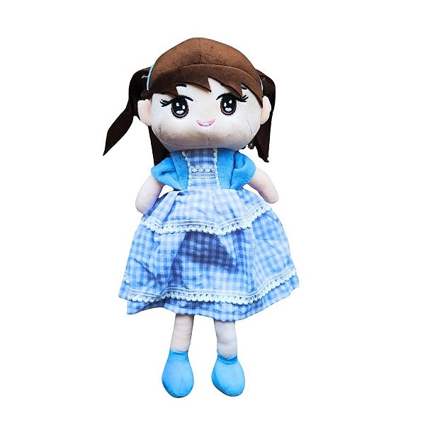 Boneca De Pelúcia Com Vestido Xadrez - Azul - 37cm - 1 unidade - Rizzo