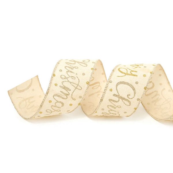 Fita Decorativa Aramada - Merry Christmas Algodão Cru e Ouro - 6,3x914cm   - 1 unidade - Cromus - Rizzo