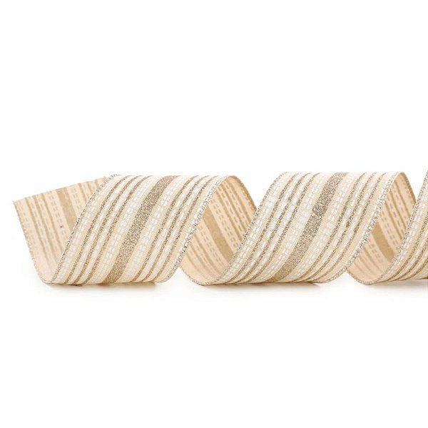 Fita Decorativa Aramada - Listrada Algodão Cru e Branco - 6,3x914cm   - 1 unidade - Cromus - Rizzo