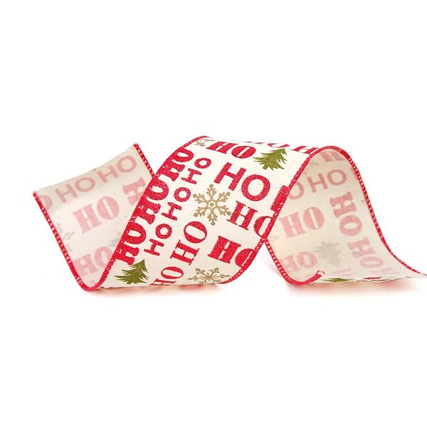 Fita Decorativa Aramada - Ho Ho Ho Vermelho e Árvore Verde - 6,3x914cm   - 1 unidade - Cromus - Rizzo